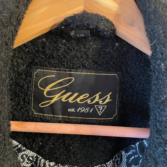 Vintage Guess Wool Blend Y2K Pea Coat SZ L Fuzzy Lined Gold Button Goth 90’s - Picture 3 of 9